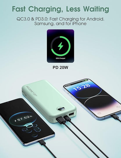 Portable Power Bank, 10000mAh PD20W Phone Charger with Built-in Cables and Wall Plug, USB C Fast Charging Battery Bank with Smart LED Display, External Battery Pack for iPhone, iPad, Samsung etc Green