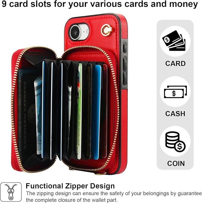 Bocasal Crossbody Wallet Case for iPhone 17e/16e, RFID Blocking Leather Purse Case with Card Holder, Protective Handbag Flip Cover with Zipper Wrist Strap Lanyard for Women 5G 6.1 Inch (Red)