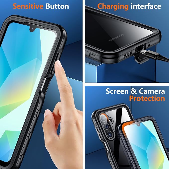SPIDERCASE for Samsung Galaxy A16 5G Case Waterproof,Built-in Screen & Camera Lens Protector [IP68 Underwater][12FT Military Shockproof] Full Body Protection Phone Case,Black/Clear