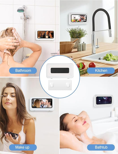 KUNSLUCK Shower Phone Holder, Waterproof Anti-Fog Touch Screen Case, Wall Mount for Bathroom Mirror Bathtub, Compatible with 4.7"-6.8" Mobile Phones (White)