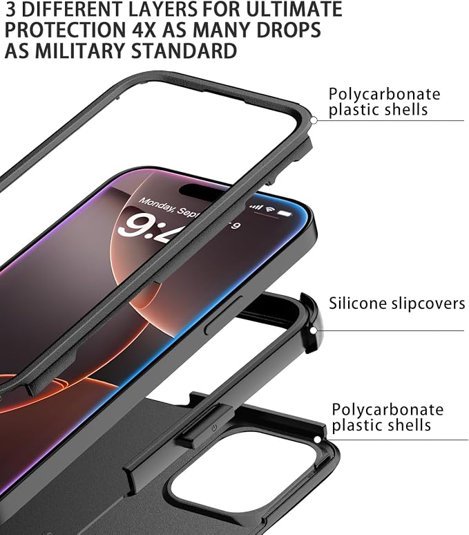 for iPhone 16 Pro Max Case [Shockproof] [Dropproof] [with Screen Protector ] Heavy Duty Protection Phone Case Cover for iPhone 16 Promax- Black