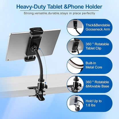 ROCKFREE Clip Tablet Holder with Heavy-Duty Gooseneck Arm,360° Adjustable ipad Clamp Mount for Desk,Table,Cabinet,Bed,Treadmill,Fits 4–11" iPad,iPhone,Tablet & Phone