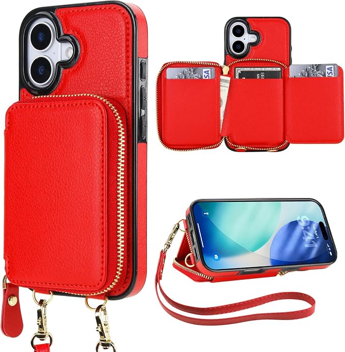 Bocasal RFID Blocking Wallet Case for iPhone 17, Adjustable Crossbody Zipper Purse Case Card Holder with Kickstand Detachable Wrist Strap, PU Leather Flip Folio Case 6.3 Inch 5G (Red)