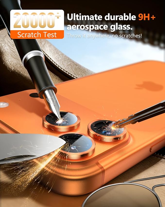 EZ-GLAZ-Camera Lens Protector for iPhone 17/16/15/14 Pro & Pro Max Series, with Aerospace-Grade Aluminum Alloy Ring, 1:1 Invisible Fit & Ultra-Clear, Military-Grade 9H+ Glass, Cosmic Orange