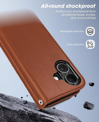 OCASE for iPhone 17 Crossbody Wallet Case - Stylish PU Leather Handbag Phone Purse with Zipper Closure, Card Slots & RFID Blocking - Wrist Strap, Lanyard, Kickstand - Diamond Check Brown