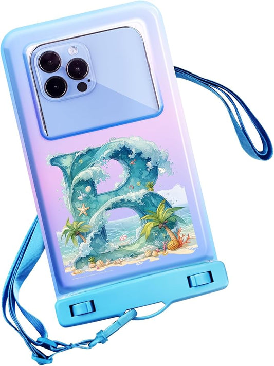 Personalized Initial Waterproof Phone Pouch Case - IPX8 Cellphone Dry Bag with Lanyard for iPhone 16/15/14/13/12 Pro Max (6.1–6.9"), Beach & Cruise Ship Essentials with Monogrammed Design (Blue, B)