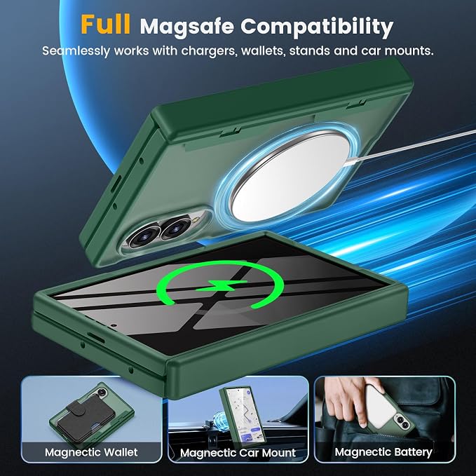Caka Magnetic for Samsung Galaxy Z Fold 8 Case with Hinge Protection Green | Compatible with MagSafe, Built-in Outer Screen Protector, Hinge Guard, Translucent Matte Back, 360° Hybrid Drop Defense