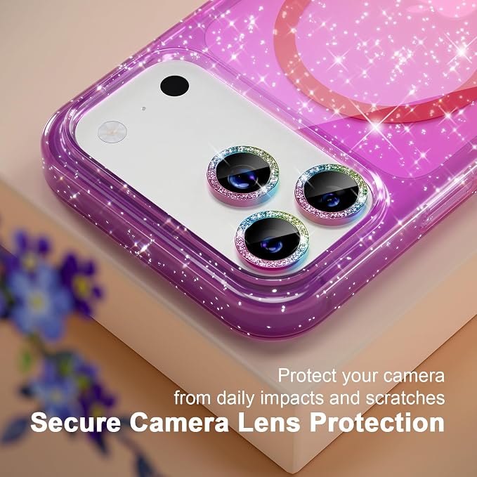 Choiche Magnetic for iPhone 17 Pro Max Case Compatible with MagSafe, Women Cute Glitter Sparkly Phone Case with Diamond Camera Lens Protectors, Military-Grade Drop Protection 6.9" (Purple/Pink)