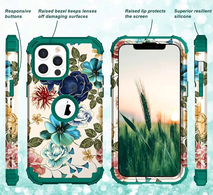 Hocase for iPhone 13 Pro Case, Heavy Duty Shockproof Protection Soft Silicone Rubber+Hard Plastic Bumpers Hybrid Protective Case for iPhone 13 Pro 6.1" 2021 - Teal Flowers