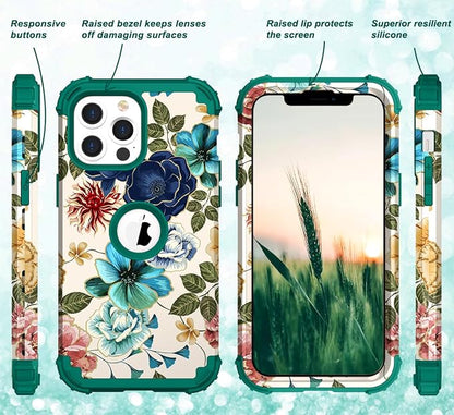 Hocase for iPhone 13 Pro Case, Heavy Duty Shockproof Protection Soft Silicone Rubber+Hard Plastic Bumpers Hybrid Protective Case for iPhone 13 Pro 6.1" 2021 - Teal Flowers