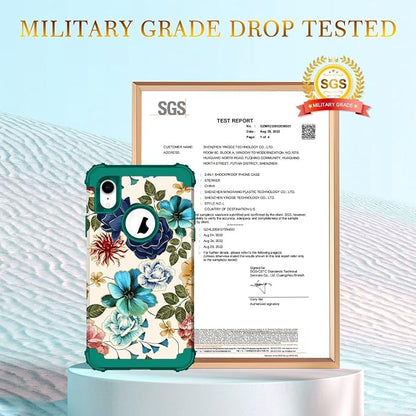 Hocase for iPhone XR Case, Heavy Duty Shockproof Protection Soft Silicone Rubber+Hard Plastic Bumper Hybrid Dual Layer Protective Case for iPhone XR (6.1-inch Display) 2018 - Teal Flowers