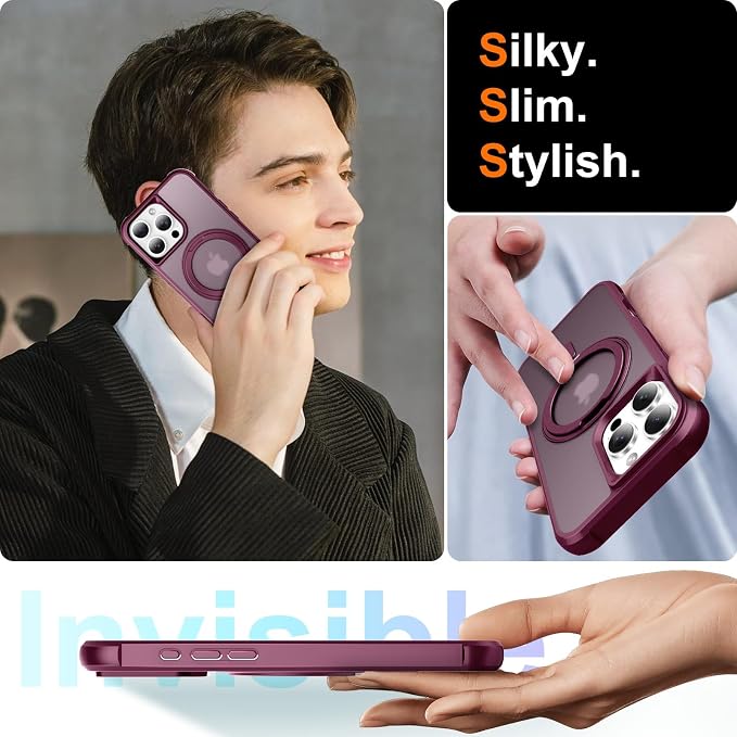 360° Magnetic Swivel Ring for iPhone 16 pro max case, Built-in Metal Stand and Ring Holder, Magsafe Compatible, Military Grade Protection, Shock and Vibration Resistant - Wine Red