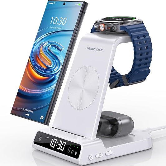 Wireless Charger Samsung Charging Station: 3 in 1 Android Charging Stand with Dimmable Clock - Nightstand Organizer for Galaxy S25 Ultra S24, Galaxy Watch 8 7 6 5 4, Galaxy Buds, Space-Saving Charger