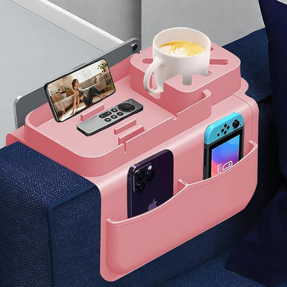 Silicone Couch Cup Holder for Tablet & Phone Stand, Sofa Arm Tray Organizer with Dual Side Pockets for Remotes Snacks Headphones & Glasses Drinks Anti-Slip & Heat Resistant Sofa Caddy (Pink)