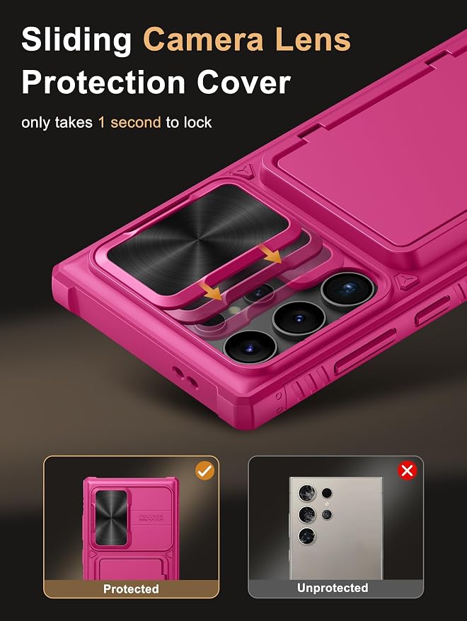 Vihibii for Samsung Galaxy S23 Ultra Case with Card Holder (4 Cards), Slide Camera Cover & Stand, Raised Edges Protect Screen & Military Grade Drop Protection Case for Galaxy S23 Ultra 6.8", Hot Pink