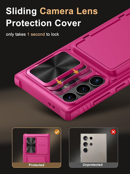 Vihibii for Samsung Galaxy S23 Ultra Case with Card Holder (4 Cards), Slide Camera Cover & Stand, Raised Edges Protect Screen & Military Grade Drop Protection Case for Galaxy S23 Ultra 6.8", Hot Pink