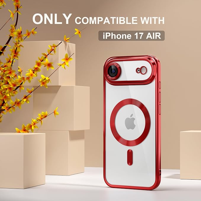 Misea Magnetic for iPhone 17 Air Case Compatible with MagSafe [Never Yellowing] [Military Grade Drop Protection] Full Camera Lens Protector Plating Soft Clear Phone Case for Women, Red