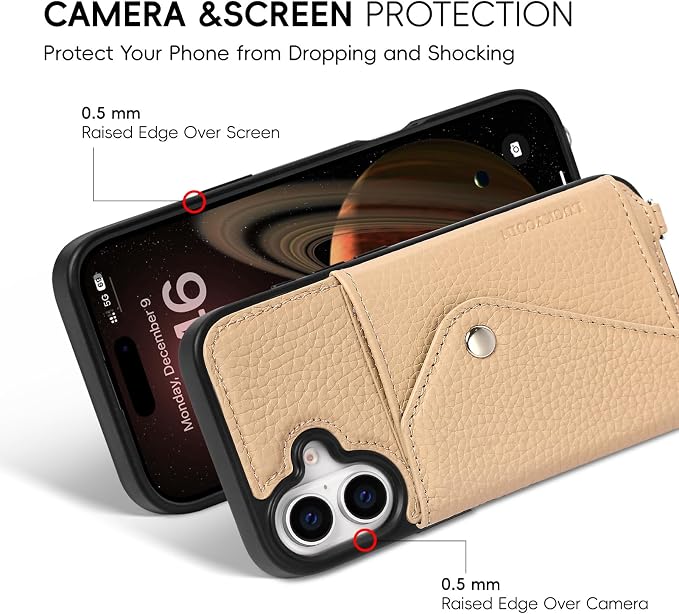 LUCKYCOIN for iPhone 17 Crossbody Wallet Case – Genuine Leather Phone Purse with Adjustable Strap and Card Holder,Lanyard Phone Purse Case for Women,Pebble Grain Beige