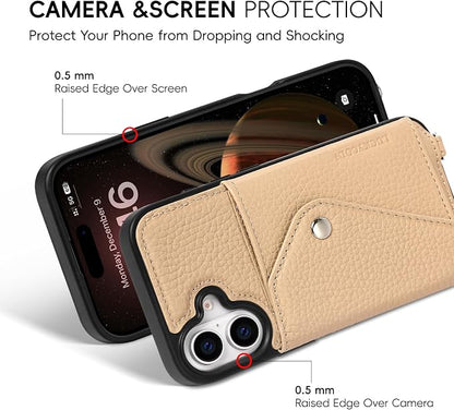 LUCKYCOIN for iPhone 17 Crossbody Wallet Case – Genuine Leather Phone Purse with Adjustable Strap and Card Holder,Lanyard Phone Purse Case for Women,Pebble Grain Beige