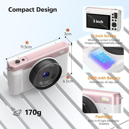 4K Digital Camera for Photography, 75MP WiFi Vlogging Camera for YouTube, 3'' 180° Flip Screen, Anti Shake Auto Focus 16X Zoom, 2500 mAh Battery, Point and Shoot Cameras for Kids Beginner, 32GB, Pink