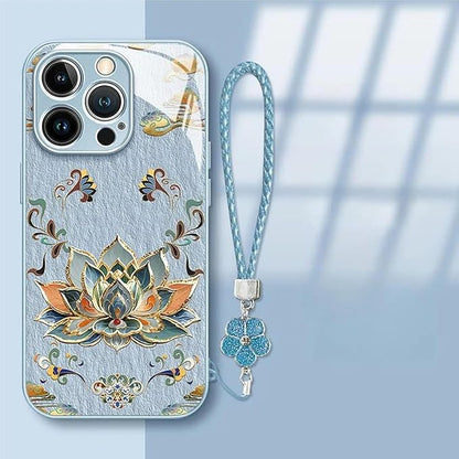 Dunhuangs Lotus Lanyard Hard Case for iPhone 17/16/15/14/13 Pro Max, Dunhuangs Lotus Hard Case, All-Inclusive Lens Design Phone Cases (Turquoise,13 Mini)
