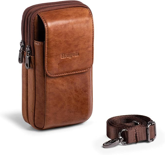 Hengwin Genuine Leather Phone Holster for Belt Men, Belt Clip Wallet Case Fit for iPhone 16/15/14/13/12 Pro Max, Samsung Galaxy S25 Ultra Belt Pouch, Travel Crossbody Cell Phone Purse Belt Bag (Brown)