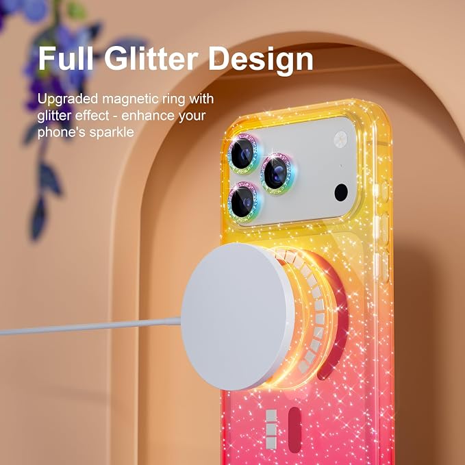 Choiche Magnetic for iPhone 17 Pro Max Case Compatible with MagSafe, Women Cute Glitter Sparkly Phone Case with Diamond Camera Lens Protectors, Military-Grade Drop Protection 6.9" (Gold/Pink)