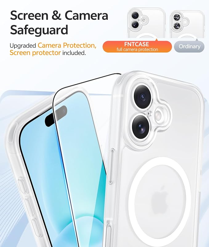FNTCASE for iPhone 16 Case: [Compatible with Magsafe] Translucent Matte Cases with [Full Camera Protection] [Screen Protector] Military Grade Shockproof Protective Phone Cover - White