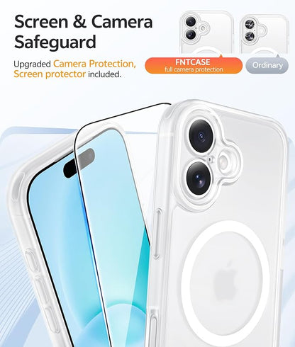 FNTCASE for iPhone 16 Case: [Compatible with Magsafe] Translucent Matte Cases with [Full Camera Protection] [Screen Protector] Military Grade Shockproof Protective Phone Cover - White