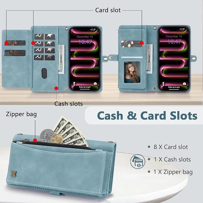 Wallet Case for iPhone 16 Pro with Card Holder/Crossbody Wallet/Strap| RFID Blocking | Magnetic | Kickstand | Detachable | PU Leather Phone Case for iPhone 16 Pro,6.3 in,Blue