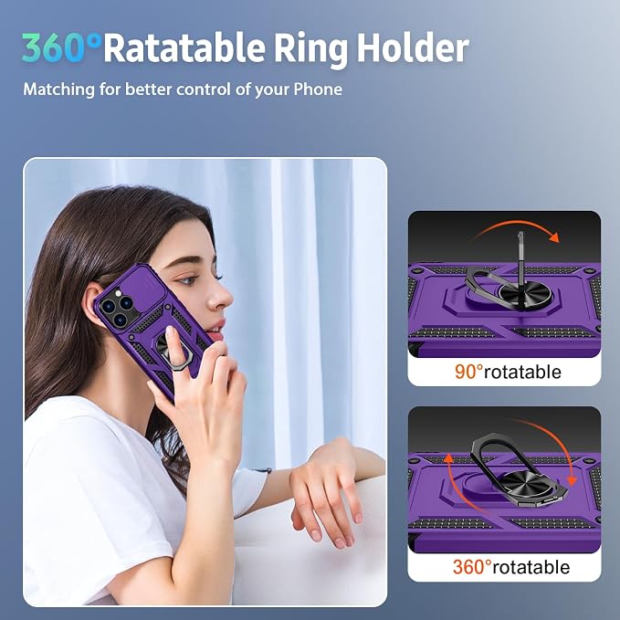 Weycolor for iPhone 14 Pro Max Case with Camera Lens Cover, HD Screen Protector, 10 FT Military Grade Drop Protection, Magnetic Ring Holder Kickstand Protective Phone Case, Deep Purple