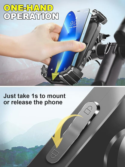 Motorcycle Phone Mount,Handlebar Phone Holder for Bike,360°Rotation,Silicone Wrapped Phone Clamp,One-Touch Quick Lock Scooter Stroller Bicycle Phone Holder,4.7- 6.8"Phones,Thick Cases Friendly