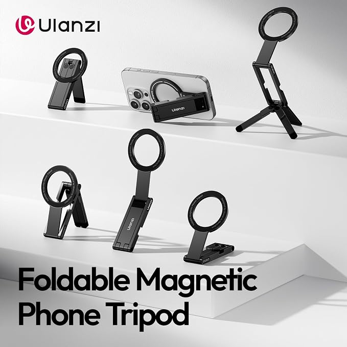 ULANZI MA60 Magnetic Phone Tripod Stand for iPhone - Aluminium Smartphone Mini Tripod Pocket Cell Phone Stand N52 Strong Magnet Quick Mount Compatible with iPhone17 16 15 14 13 12 Series, Black