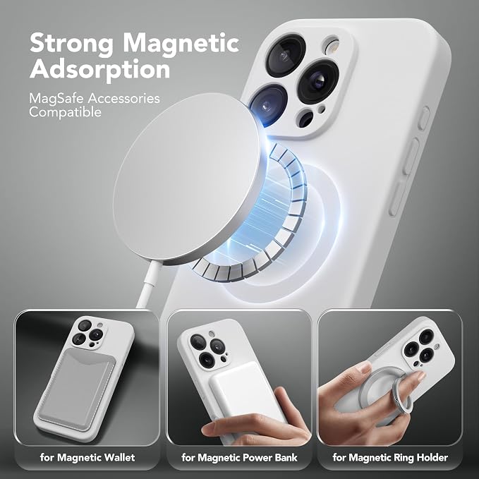 Magnetic for iPhone 16 Pro Case, Compatible with MagSafe, [Full Camera Protection][Screen Protector] Silicone Shockproof Protective Phone Case for iPhone 16 Pro 6.3", White