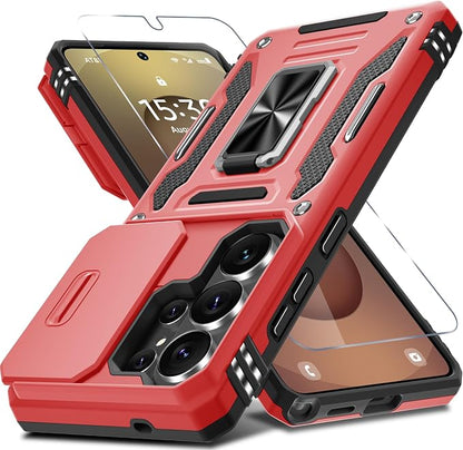 DEERLAMN Case for Samsung Galaxy S26 Ultra 6.9-Inch with Slide Camera Cover+Screen Protector(1 Pack), Rotated Ring Kickstand Military Grade Shockproof Protective Cover-Red
