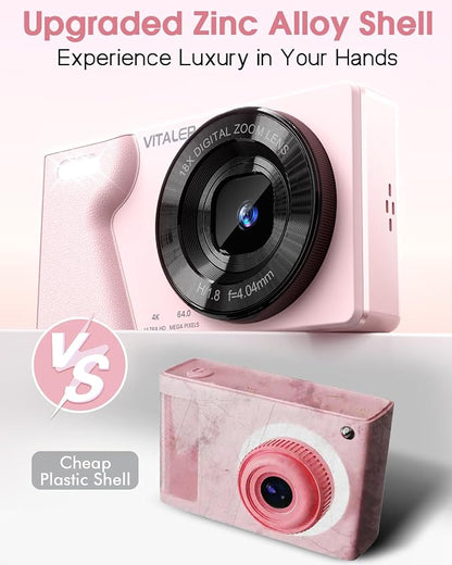Digital Camera with Front Rear Lens, Autofocus 64MP 4K Camera for Photography with 32GB Card, Portable Compact Point and Shoot Camera for Teens Adult Beginner with Metal Shell, 2000mAh Battery