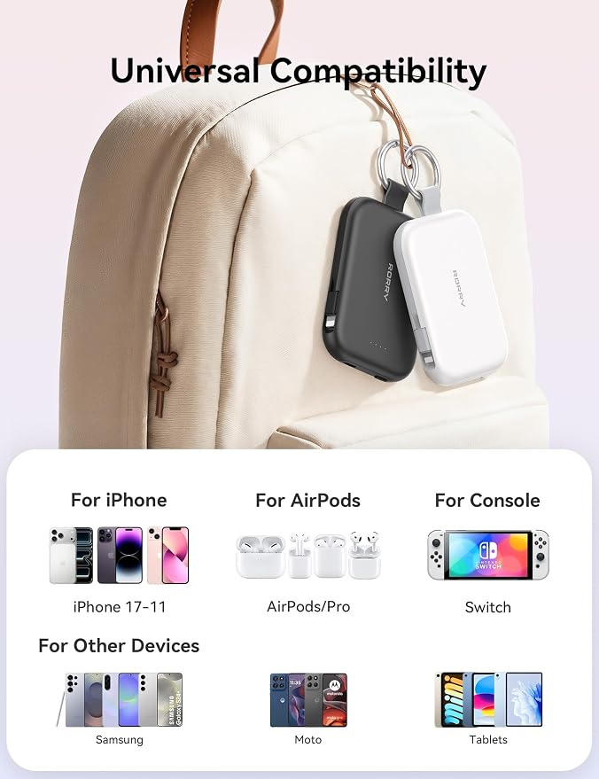RORRY CharmGo Portable Charger, 5000mAh Portable Charger Power Bank with Built-in Cables, Travel Keychain Charger Battery Pack for iPhone 17/16/15/14/13/12, for AirPods 2/3/4/Pro, Pink