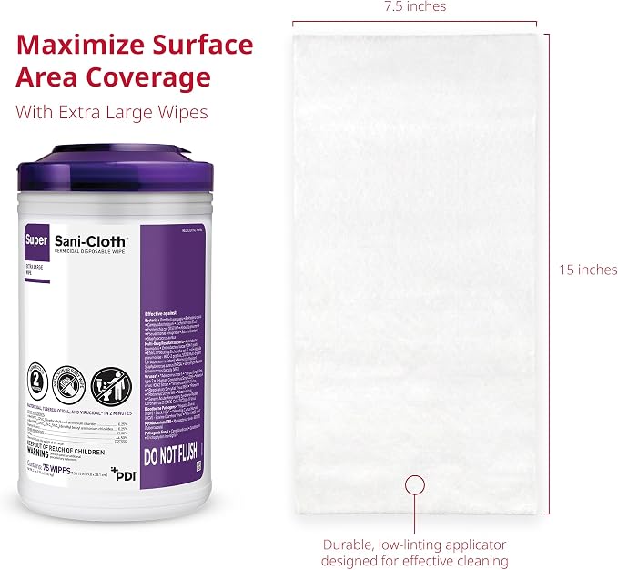 Super Sani-Cloth X-Large Disinfectant Wipes, 6-Pack (450 Count), 75 XL 7.5" x 15" Wipes, Hospital-Grade Surface Cleaning and Disinfecting