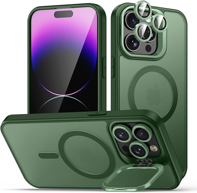 for iPhone 14 Pro Max Case, Compatible with MagSafe, Built-in Camera Ring Stand, with Individual Camera Cover, Translucent Matte Military-Grade Drop Protection Magnetic Case, Green