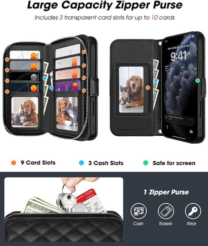 OCASE for iPhone 17 Pro Max Crossbody Wallet Case - Stylish PU Leather Handbag Phone Purse with Zipper Closure, Card Slots & RFID Blocking - Wrist Strap, Lanyard, Kickstand - Diamond Check Black