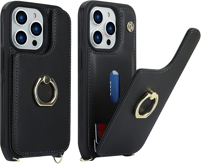 Lipvina for iPhone 14 Pro Case with Card Holder for Women,Phone Case with Strap,Crossbody Lanyard,RFID Blocking,Ring Stand,Snap Clasp,Cute Wallet Case 6.1 inch(Black)