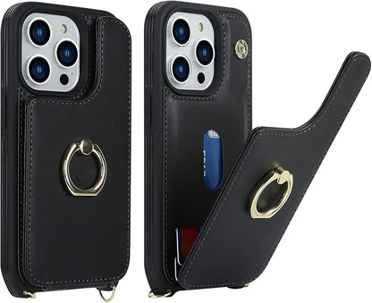 Lipvina for iPhone 14 Pro Case with Card Holder for Women,Phone Case with Strap,Crossbody Lanyard,RFID Blocking,Ring Stand,Snap Clasp,Cute Wallet Case 6.1 inch(Black)