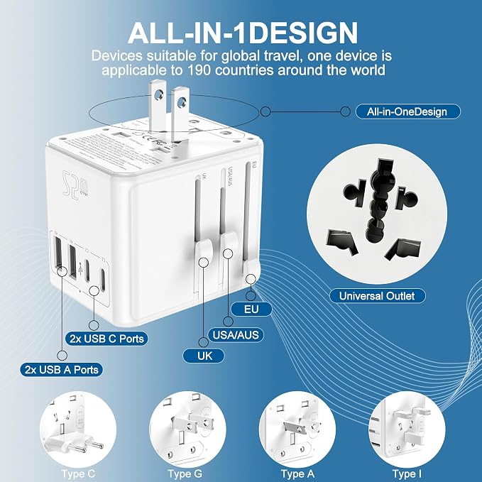 Universal Travel Adapter 25W, International Power Plug Converter with 2500W High Power Support, All-in-One AC Adapter for Europe UK US AUS, 2 USB-C + 2 USB-A Ports, Compact Travel Charger