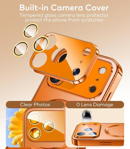 Magnetic for iPhone 17 Pro Case with Ring Stand, Fits MagSafe, with Built-in Camera Cover, Slim Electroplated Shockproof Phone Case, Orange