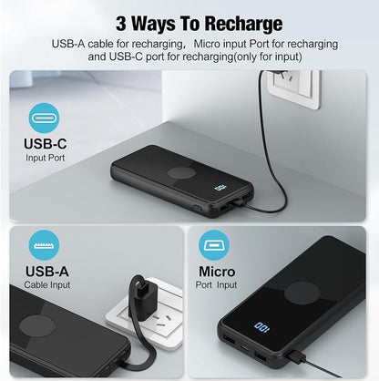 Portable Charger with Built in Cables,High Speed Power Bank 10000mAh Travel Battery Pack 5 Outputs 3 Inputs Portable Phone Charger Backup Battery for iPhone, Samsung, iPad,Tablets (Black)