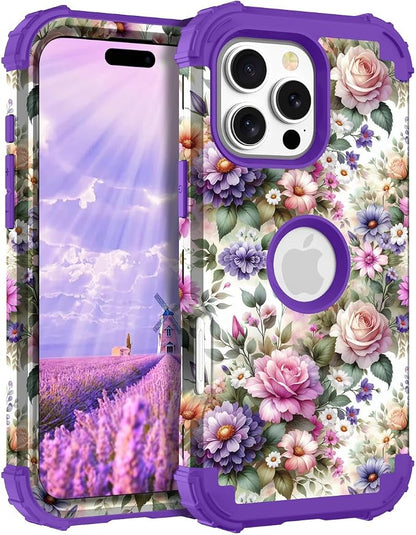 Hocase for iPhone 16 Pro Max Case, Heavy Duty Shockproof Protection Soft Silicone Rubber+Hard Plastic Bumpers Hybrid Protective Case for iPhone 16 Pro Max 2024 - Purple Pink Flowers