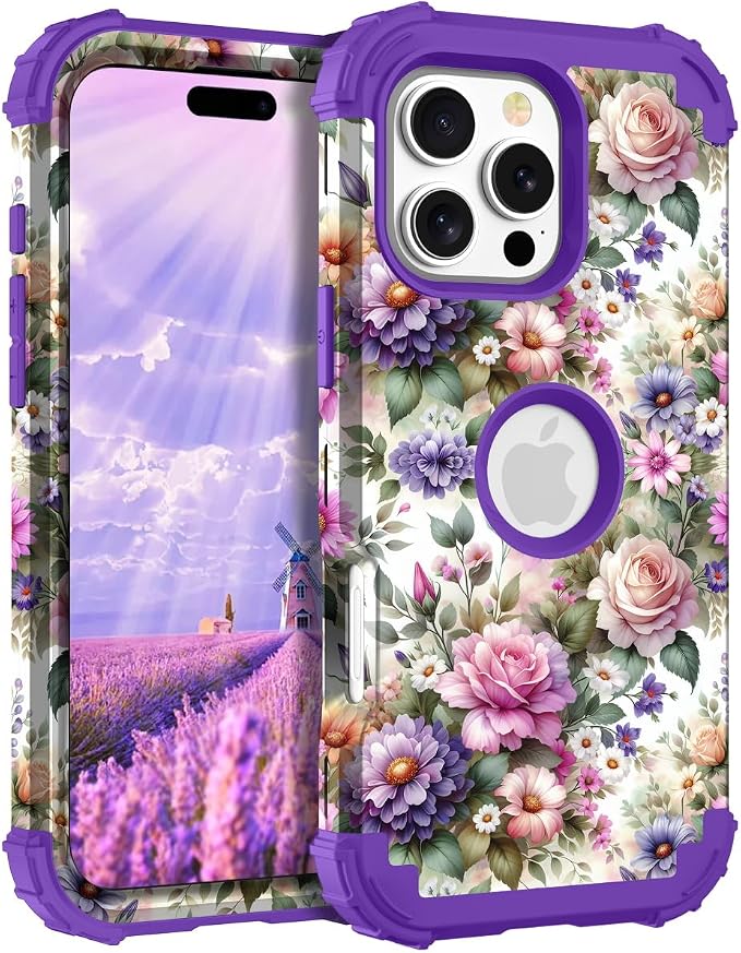 Hocase for iPhone 16 Pro Case 6.3", Heavy Duty Shockproof Protection Soft Silicone Rubber+Hard Plastic Bumpers Hybrid Protective Case for iPhone 16 Pro 2024 - Purple Pink Flowers