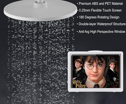 Shower Tablet Holder Waterproof Compatible with Ipad, Wall Mounted Bathroom Tablet Case Rotation, Adhesive Touchable Cradle with Glass Mirror Anti-Fog Screen for Kitchen 11 inches White