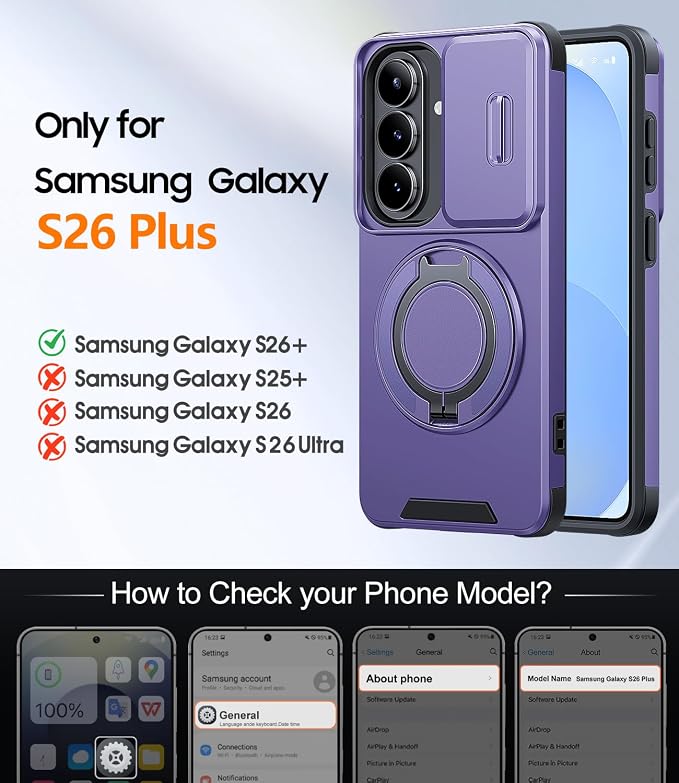 JAME for Samsung Galaxy S26+ Plus Case, Ring Holder Stand Kickstand, Slide Camera Cover with Screen Protector, Dual-Layer Shockproof Protective, Magnetic Accessory Friendly S26 Plus Phone Case, Purple