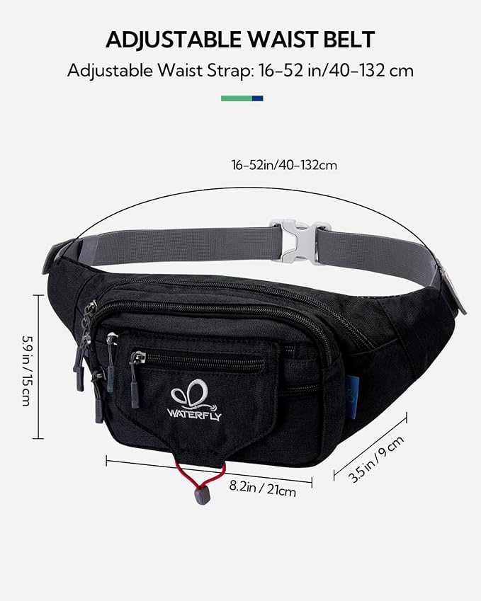 WATERFLY Running Belt Fanny Pack: Runner Marathon Jogging Waist Pack Sport Workout Exercise Fitness Phone Holder Belt for Men Women Jogger Slim Waistband Black